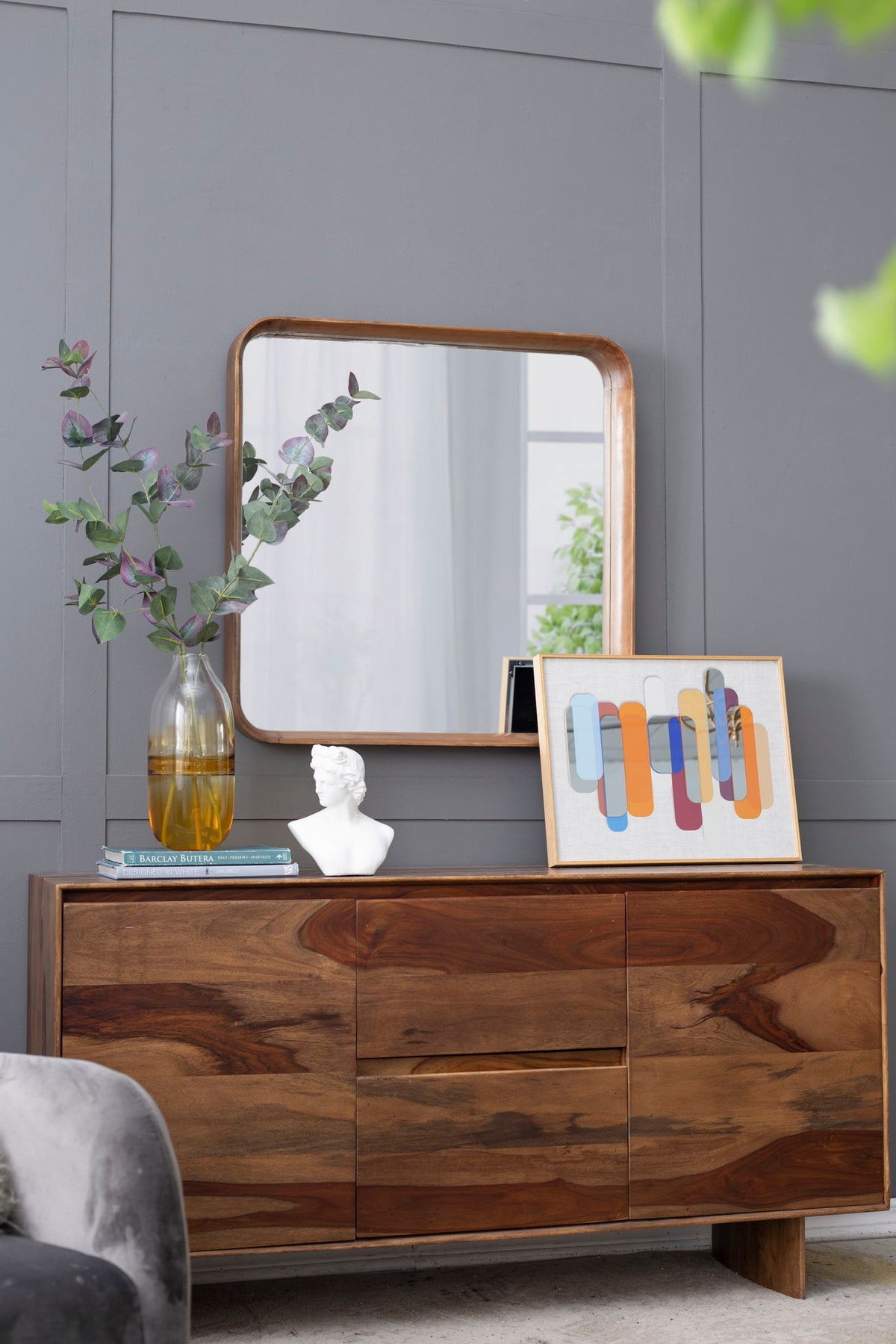 Square Mirror with Wood Frame, Minimalist Wall Mirror with Curved Edges - Brown