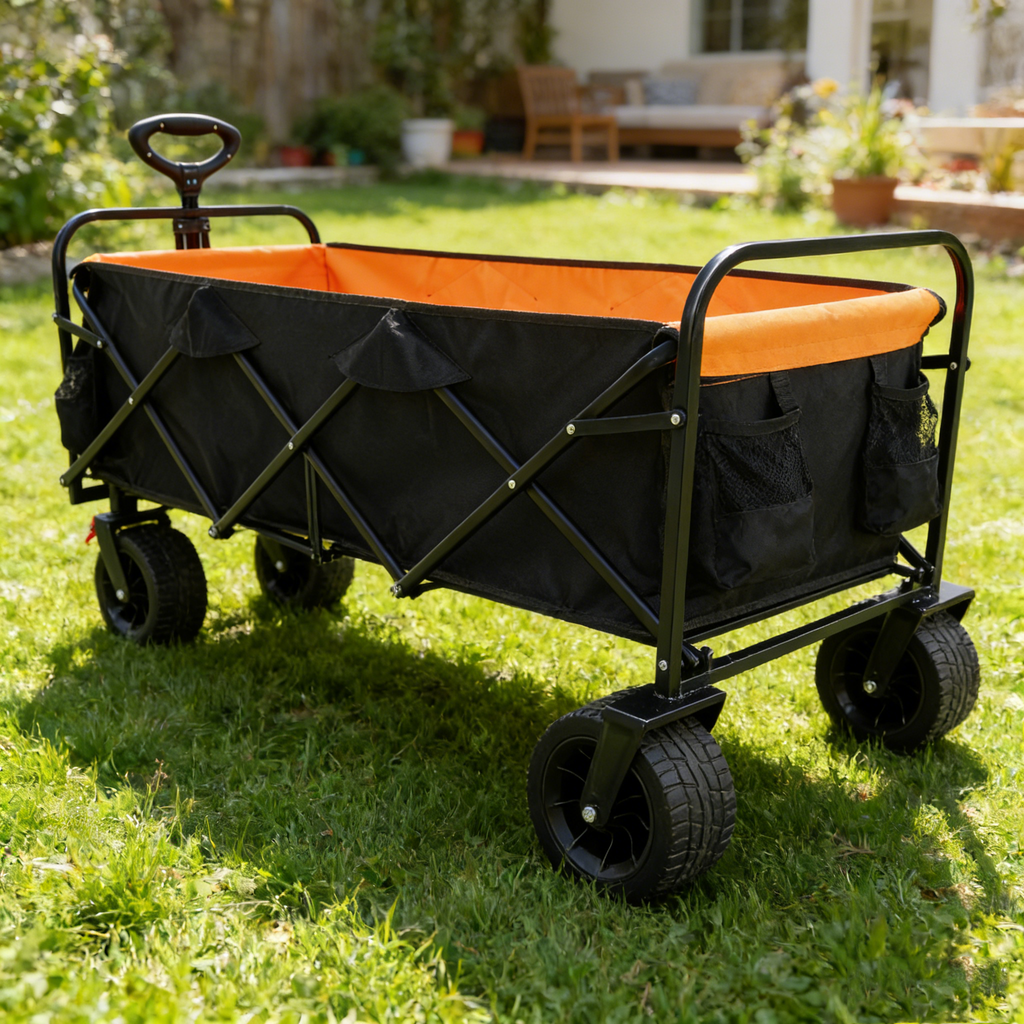 Large Capacity Folding Outdoor Wagon Cart with Extender - Black & Orange