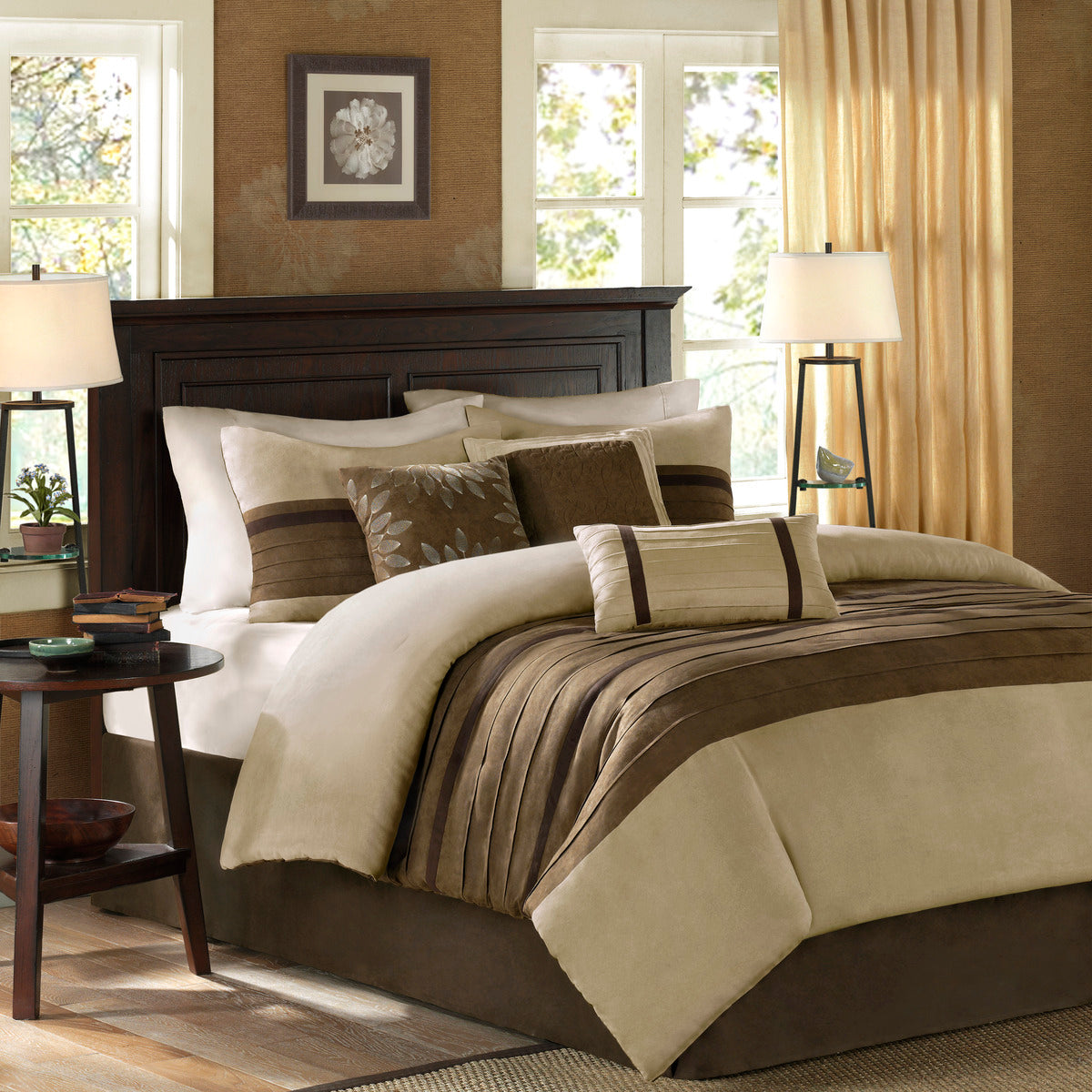 7 Piece Faux Suede Queen Comforter Set with Embroidered Pillows - Natural