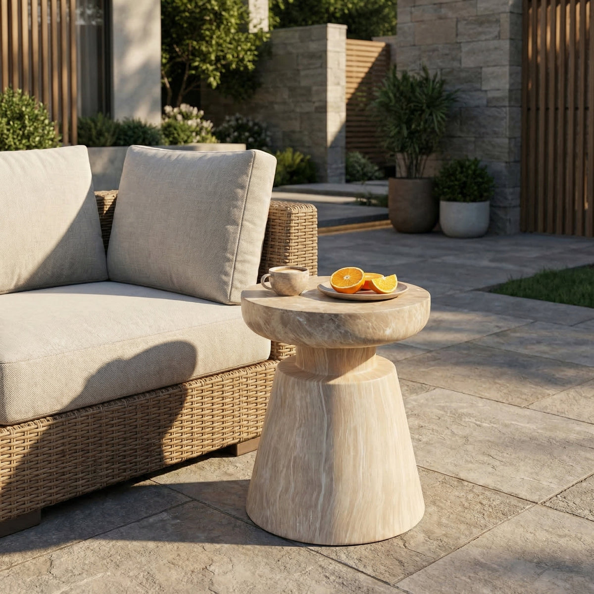 Travertine Outdoor Side Table with Pedestal Base – Gold or White