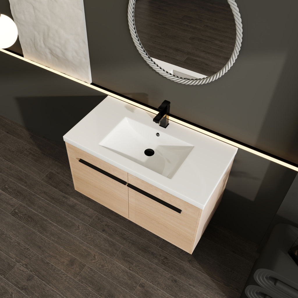 Bathroom Vanity Set with Resin Countertop Sink and 2 Doors - Light Brown Oak
