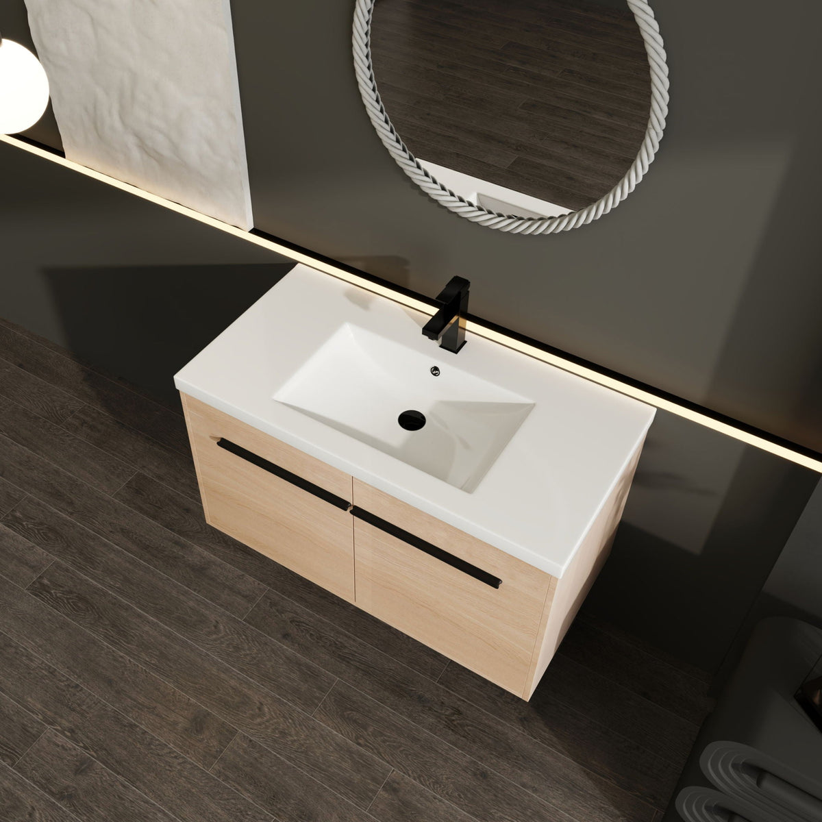 Bathroom Vanity Set with Resin Countertop Sink and 2 Doors - Light Brown Oak