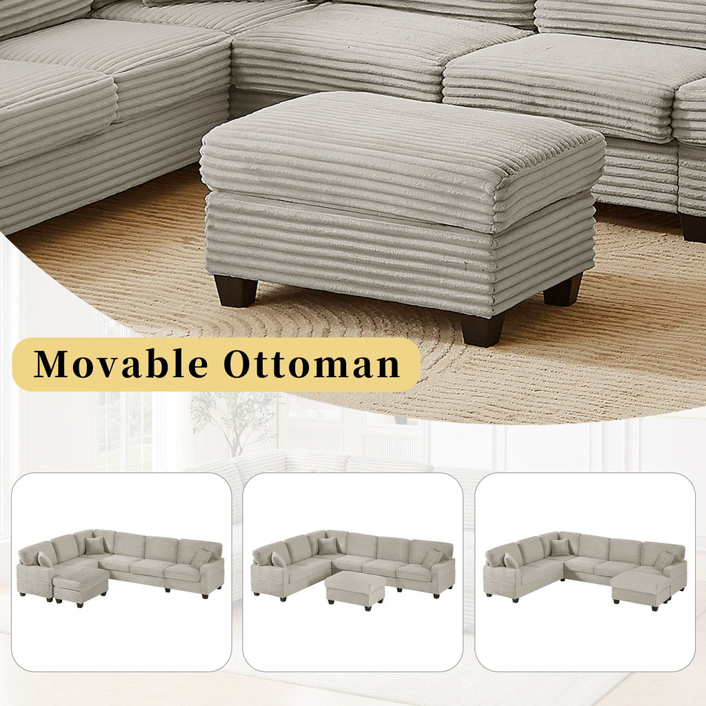 U-Shaped Upholstered Sectional Sofa with Movable Ottoman