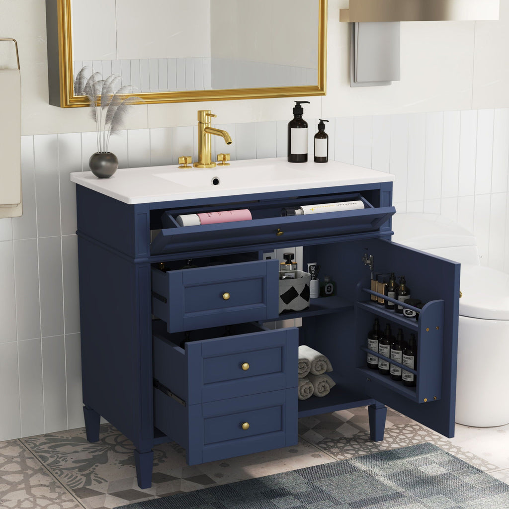 Blue Bathroom Vanity with Top Sink and Ample Storage - 36" Wide