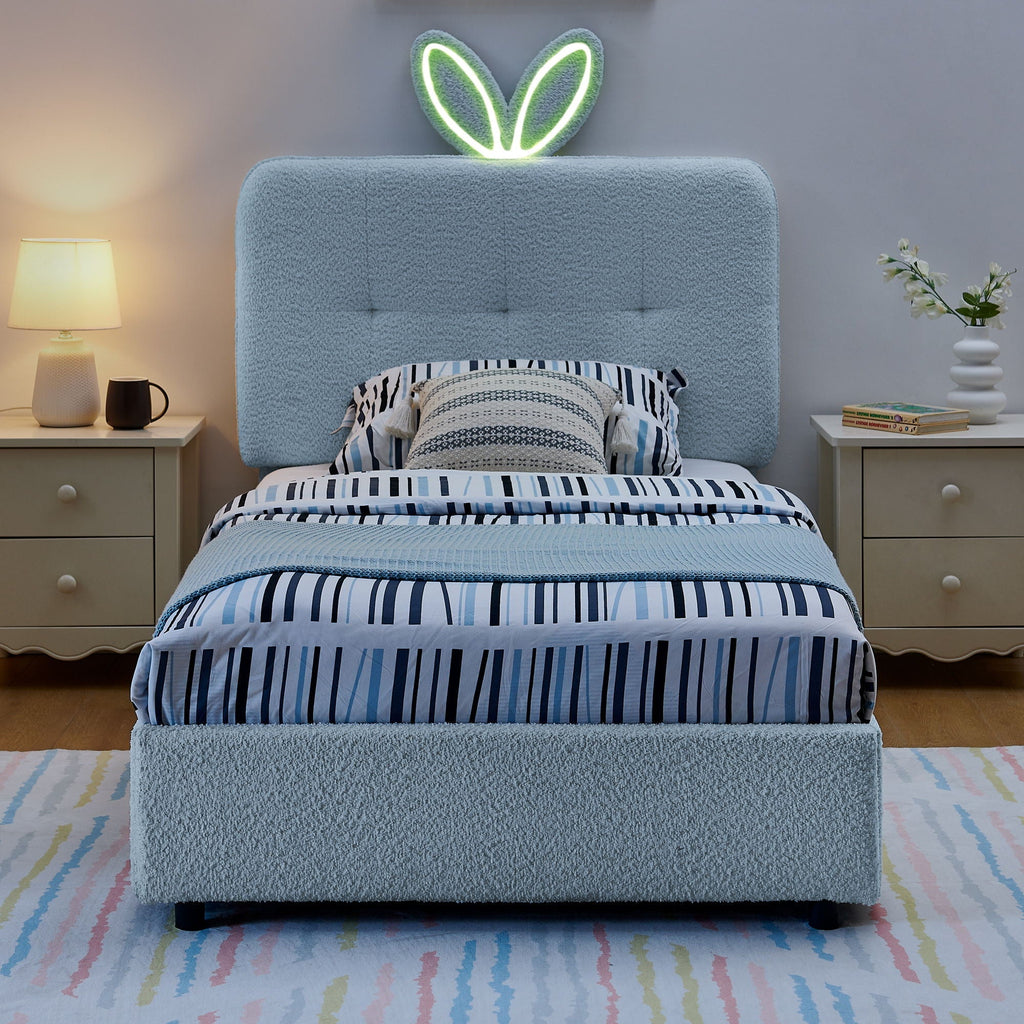 Upholstered Storage Bed with Oversized Rabbit Ear Headboard & LED Lights - Beige or Light Blue