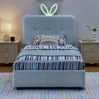 Upholstered Storage Bed with Oversized Rabbit Ear Headboard & LED Lights - Beige or Light Blue