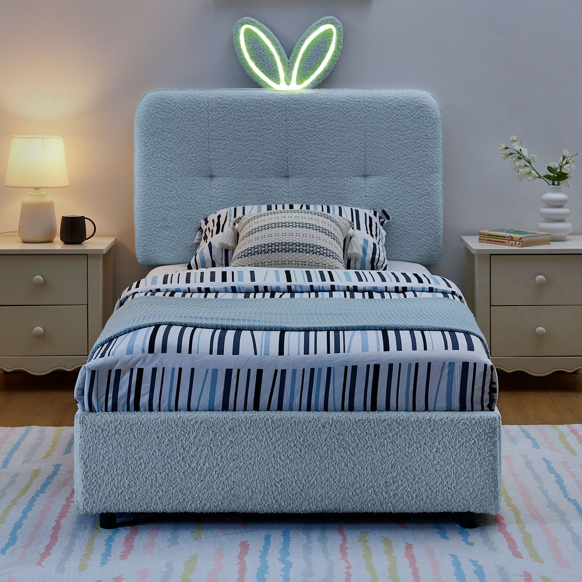 Upholstered Storage Bed with Oversized Rabbit Ear Headboard & LED Lights - Beige or Light Blue