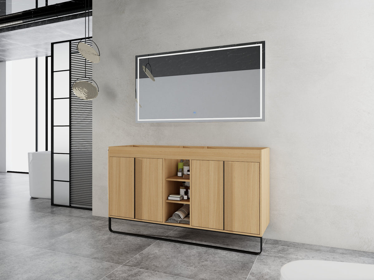 60-Inch Freestanding Bathroom Cabinet with Soft Close Doors & Open Storage - Oak