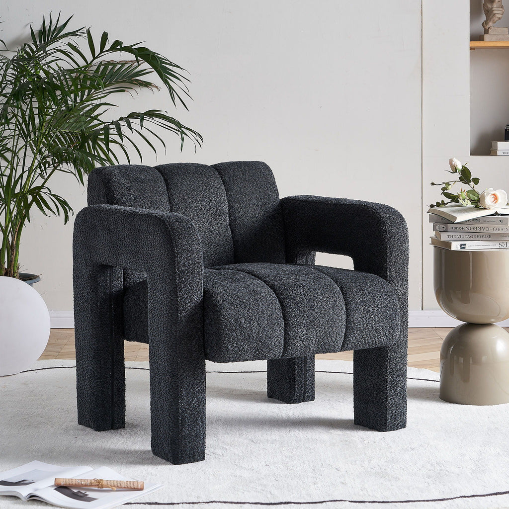 Boucle Upholstered Accent Chair with Solid Wood Frame - Beige, Dark Gray, Orange