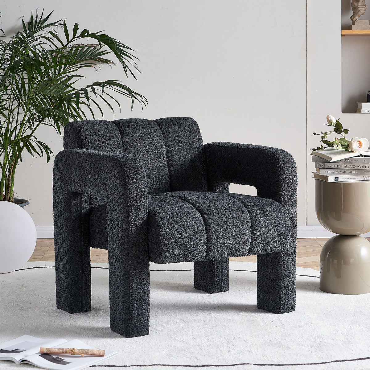 Boucle Upholstered Accent Chair with Solid Wood Frame - Beige, Dark Gray, Orange