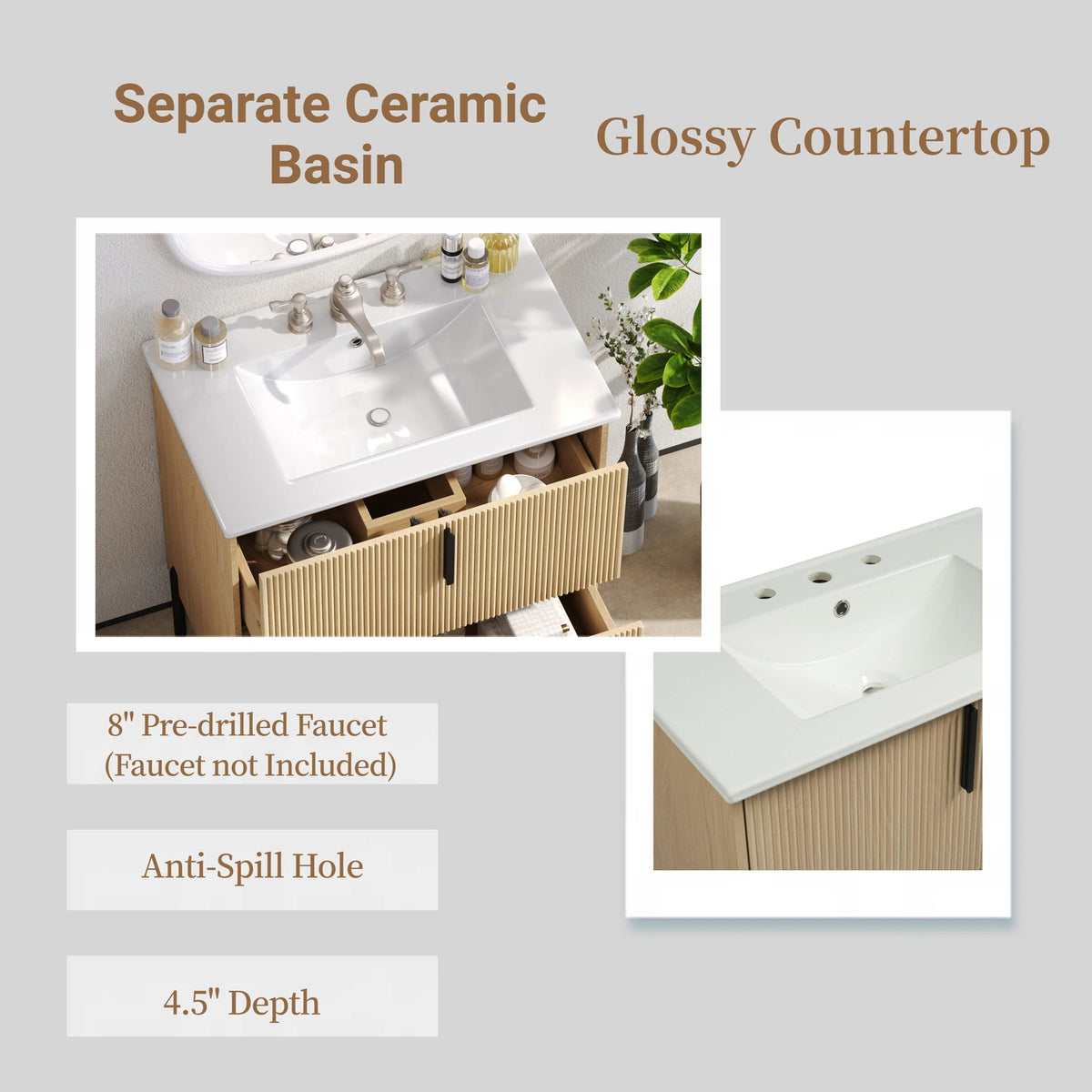 Bathroom Vanity With Ceramic Sink and Fluted Design - Dark Green, White, Light Brown