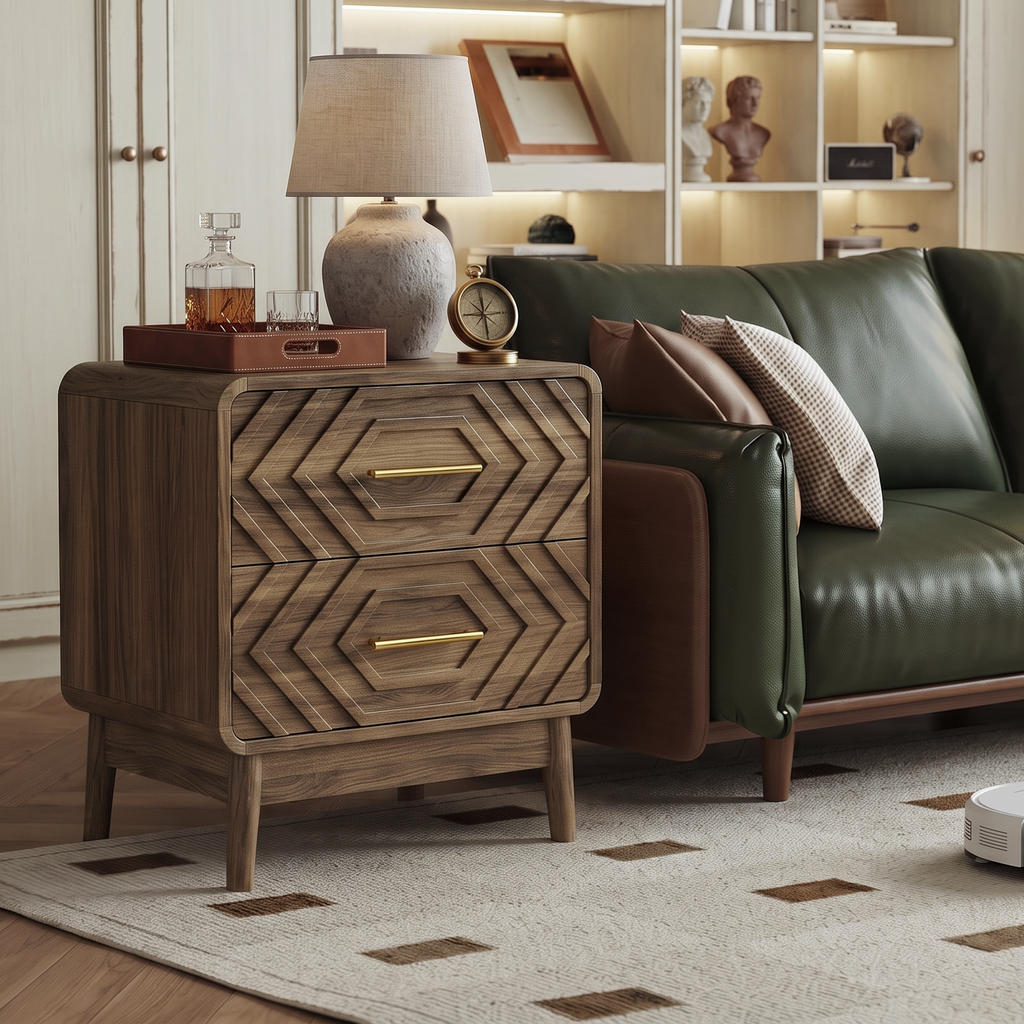 Walnut Wood Bedside Table with Double Drawers - Walnut