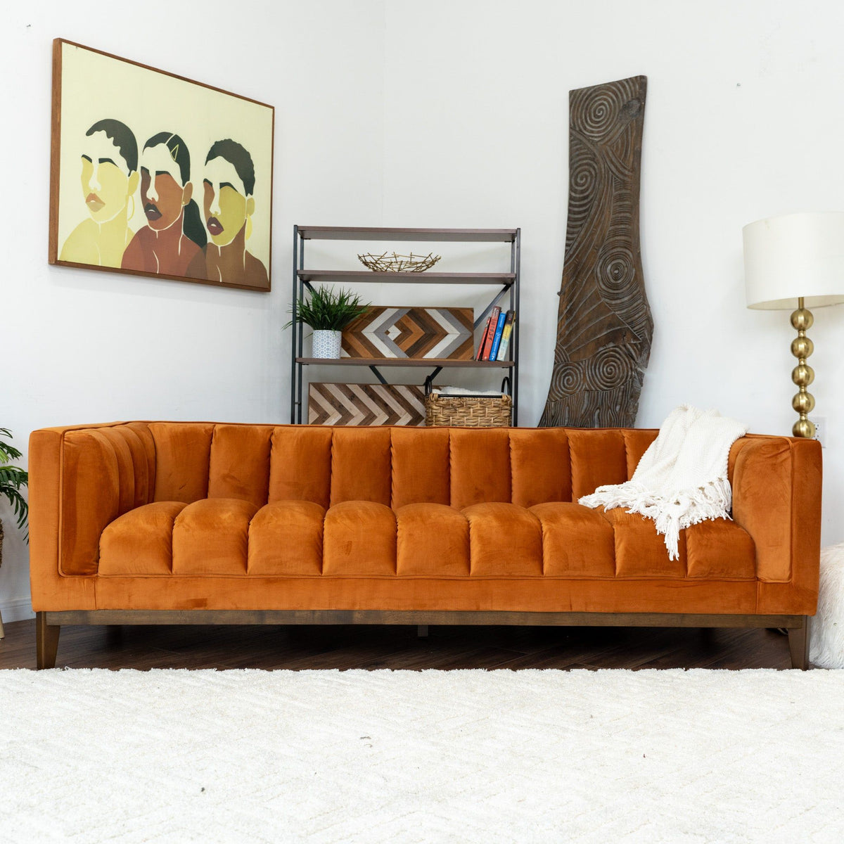 Mid Century Modern Sofa with Pet-Friendly Upholstery - White, Green, Orange