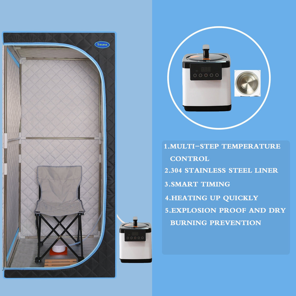 Full Size Portable Steam Sauna Tent with Stainless Steel Frame - Black
