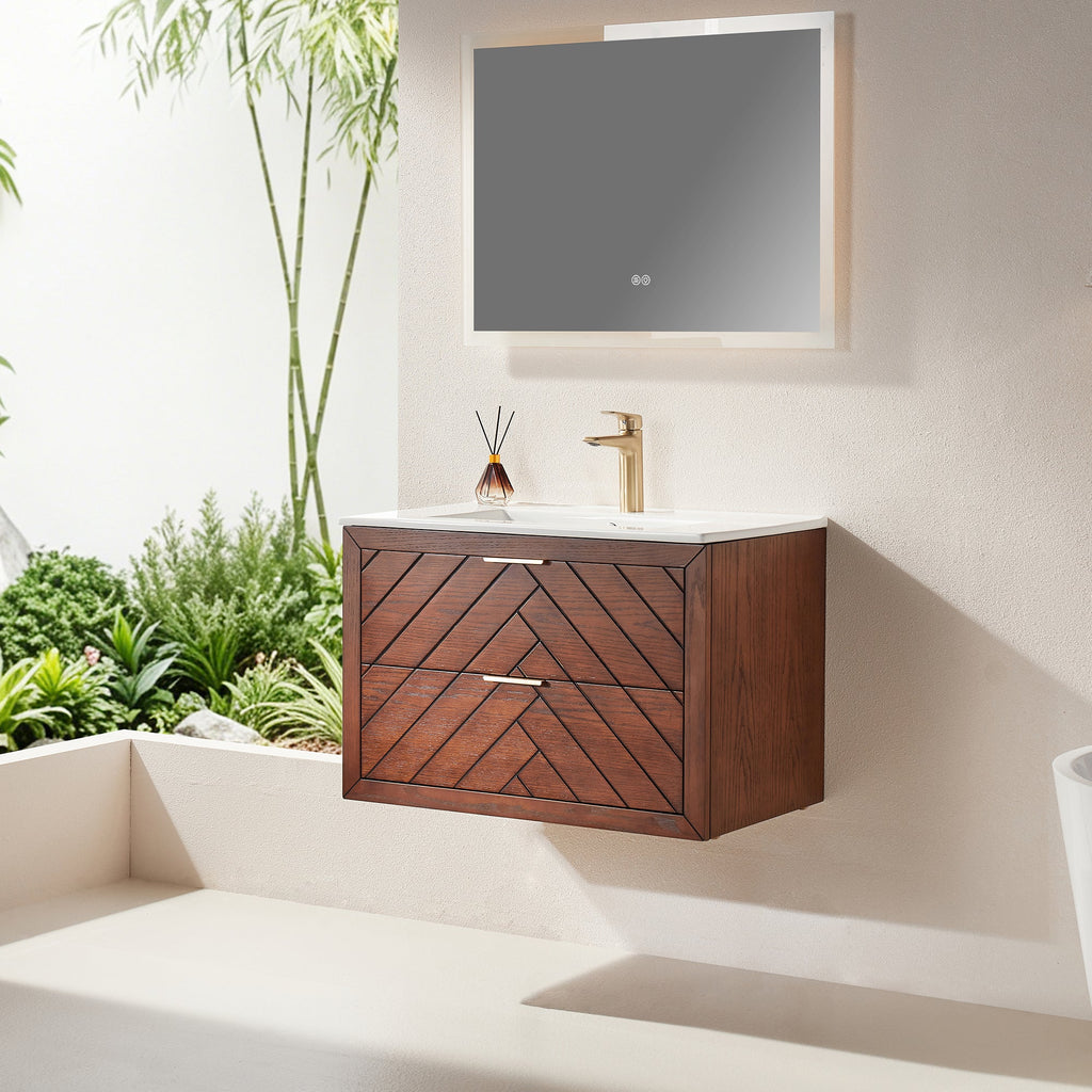 30" Floating Single Vanity Cabinet with Ceramic Top - Walnut