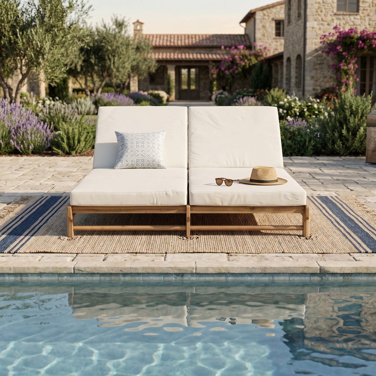 Light Teak Acacia Wood Double Chaise Lounger Set with Adjustable Backrests - Cream