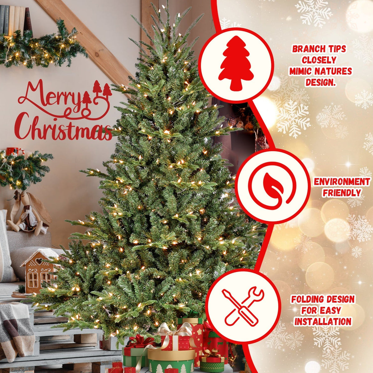 Full-Bodied Pre-Lit Evergreen Christmas Tree with 350 Warm White Lights - Green