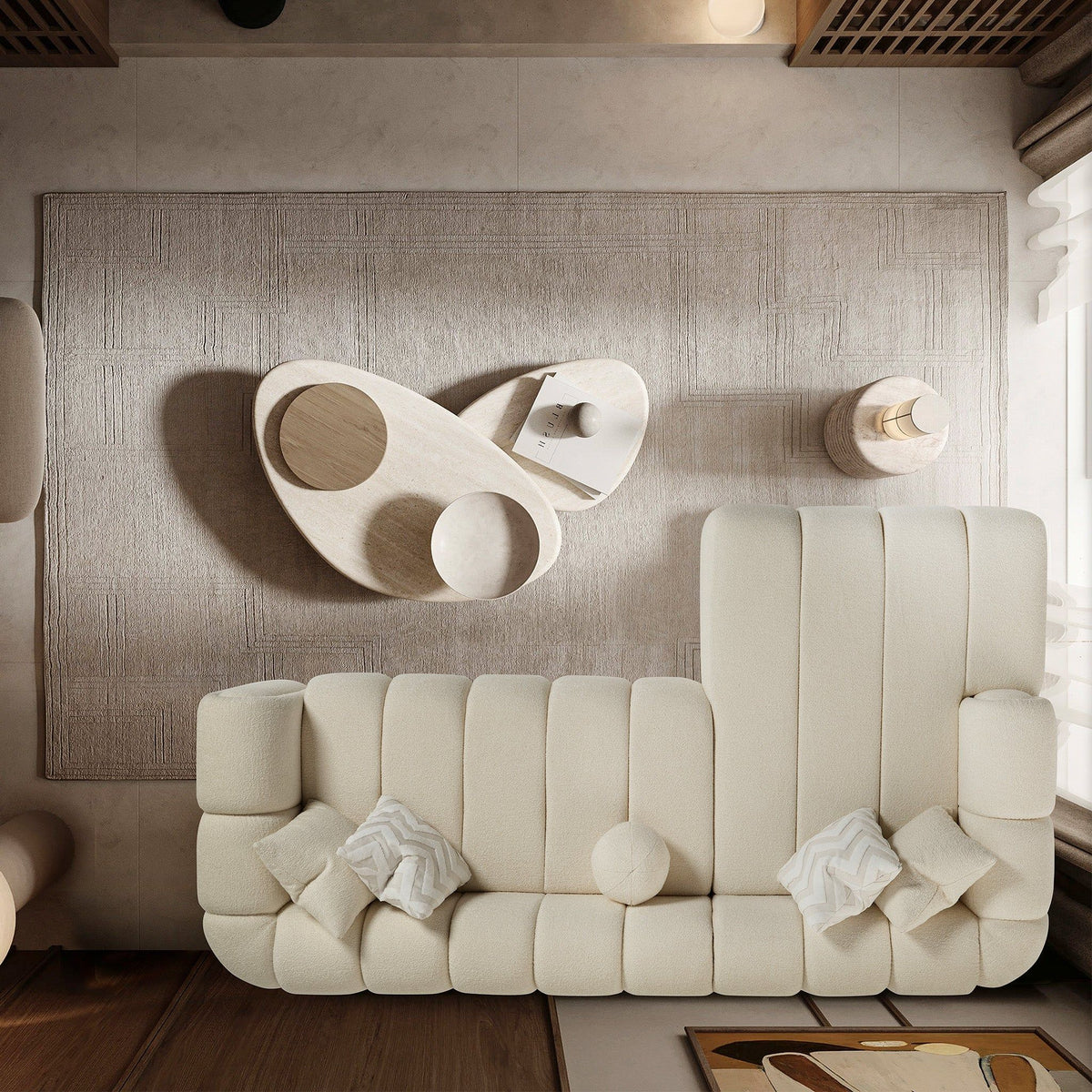 Modern Tufted Right Sectional Sofa with Toss Pillows - Ivory