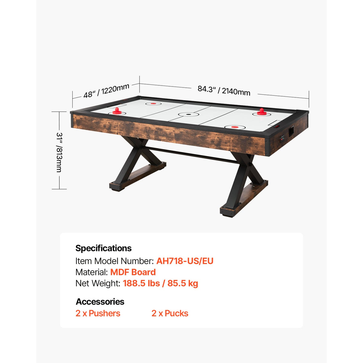 84-Inch Air Hockey Table with Electronic Scorer – Rustic MDF Finish