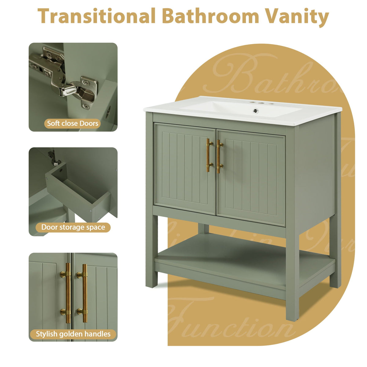 Elegant Bathroom Vanity with Ceramic Sink and Storage - White or Green