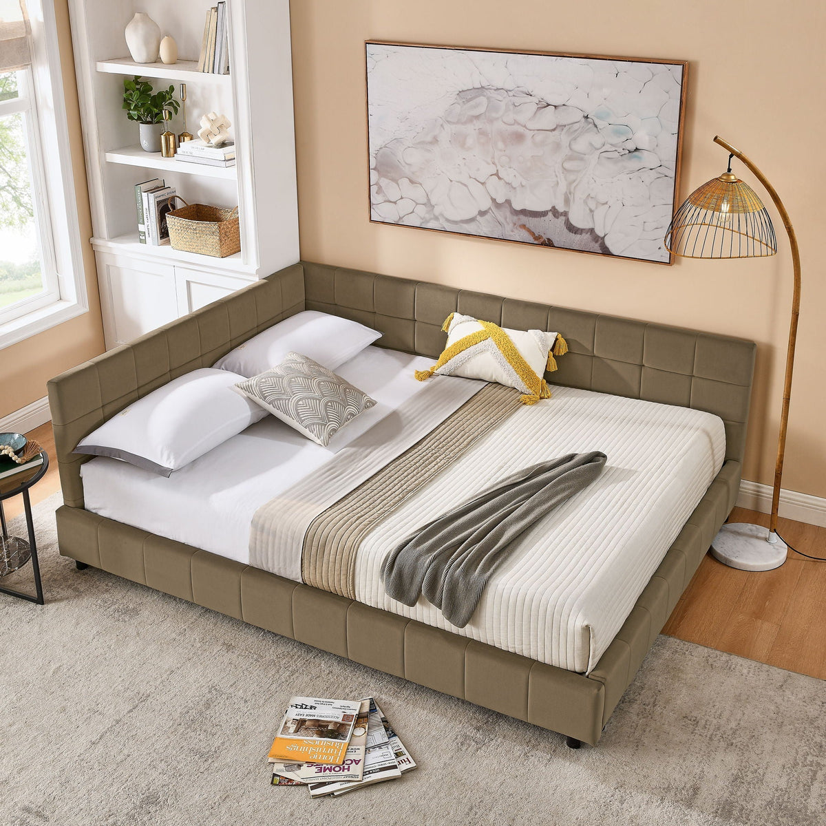 Mid-Century Storage Upholstered Tufted Bed Frame with Backrest and Armrests - Multiple Colors