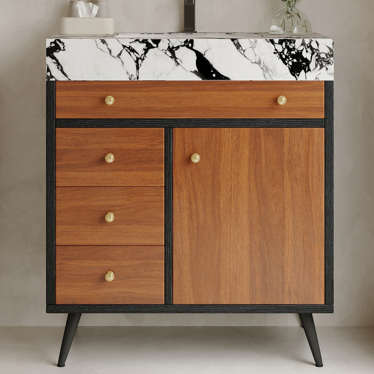 Modern Free-Standing Bathroom Vanity with Ceramic Sink & Sintered Stone Top - White