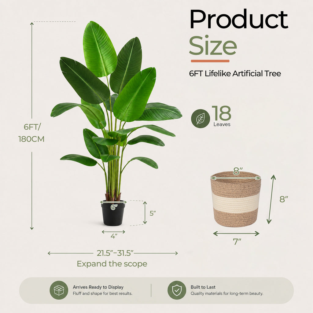 Bird of Paradise Artificial Plant with Faux Banana Leaves - 6 Ft Tall