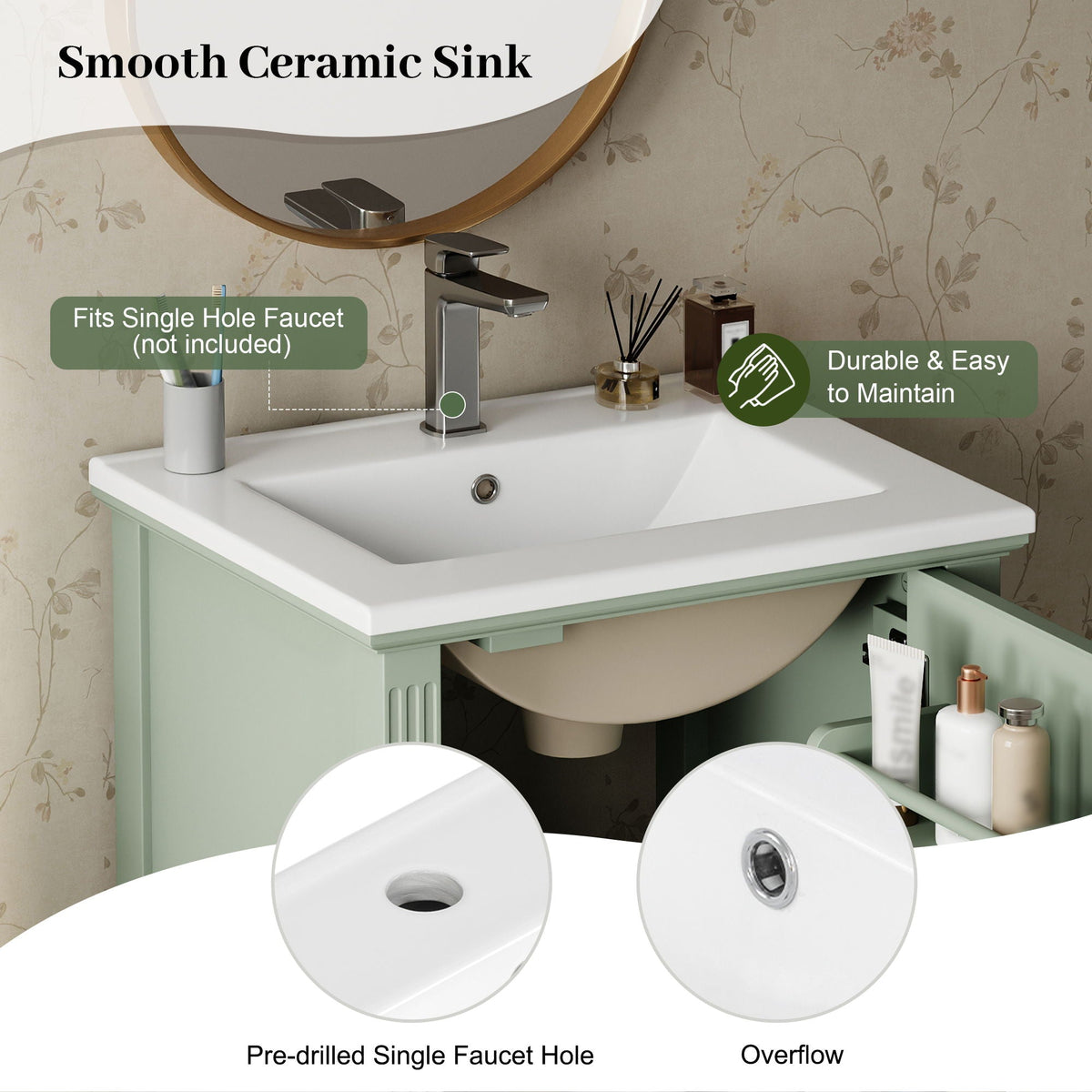 Retro Bathroom Vanity With Sink with Soft-Closing Doors - Green or Dark Gray