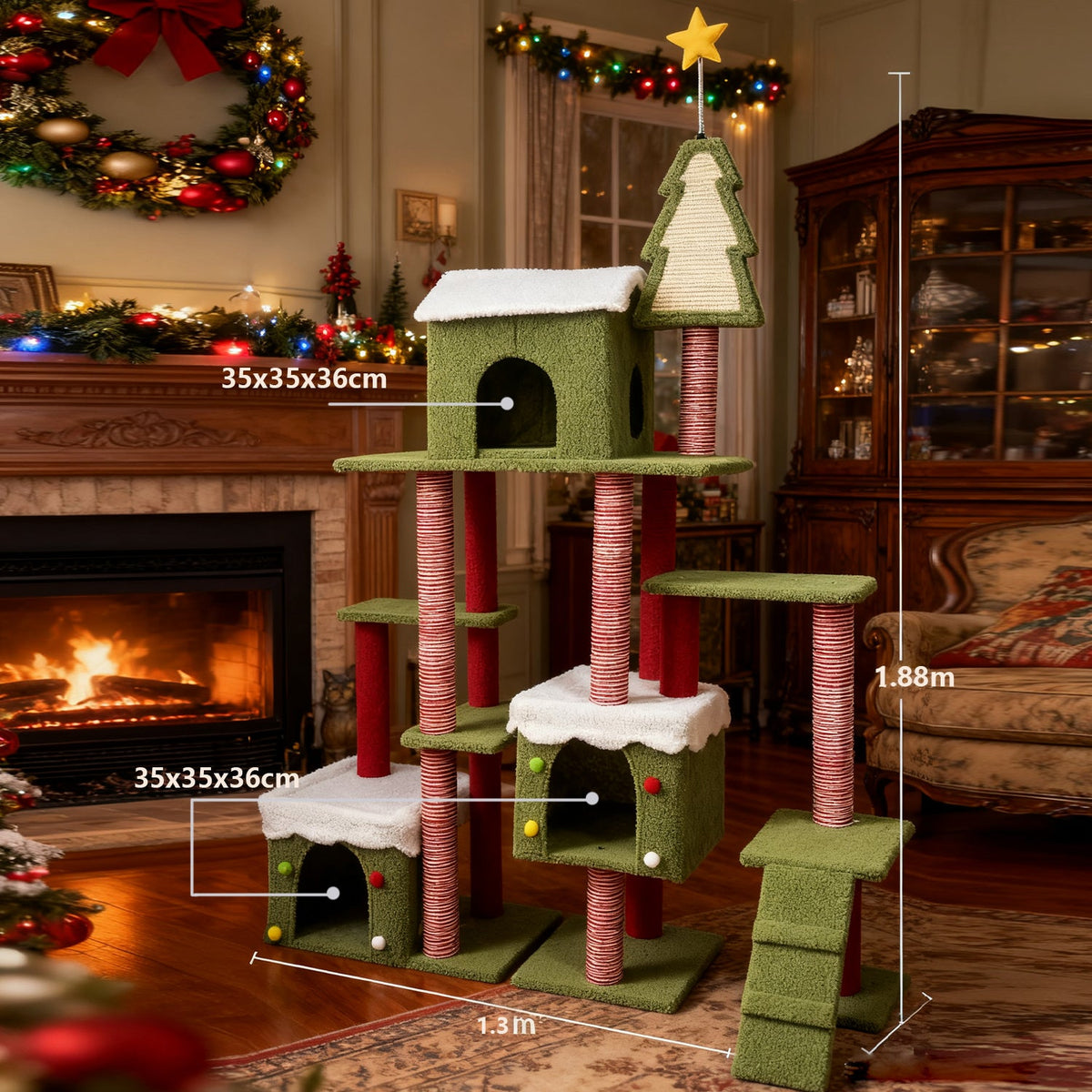 Wide Christmas Cat Tree Tower for Indoor Cats with Multi-Level Design