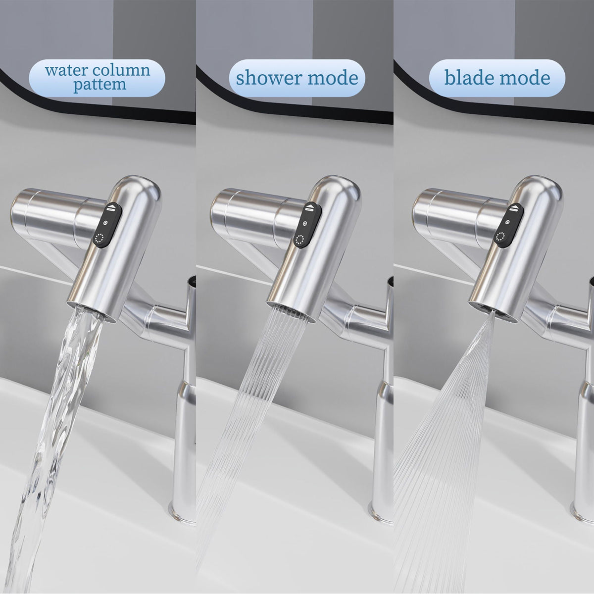 Bathroom Sink Faucet with Spray Function and Temperature Display - Black or Pearl Silver
