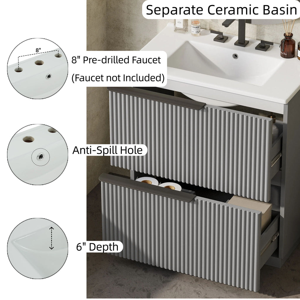 Fluted Bathroom Vanity with Ceramic Sink and Moisture-Proof Cabinet - 30" Wide