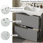 Fluted Bathroom Vanity with Ceramic Sink and Moisture-Proof Cabinet - 30" Wide