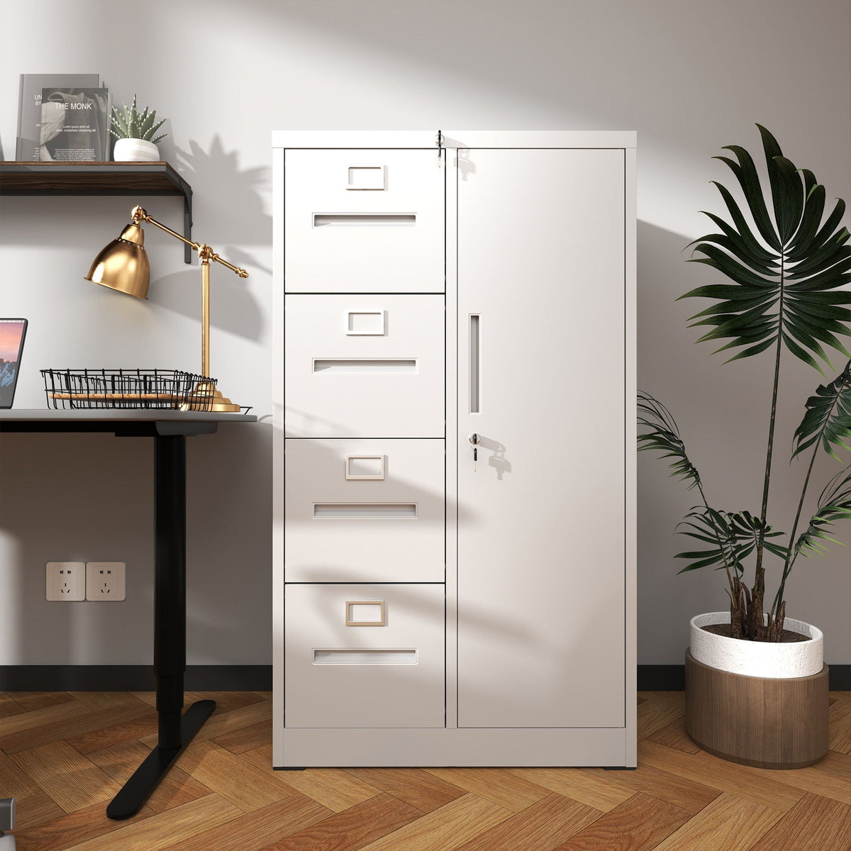 Metal Storage Filing Cabinet with Lock, 4 Drawers and 1 Door - Black or White