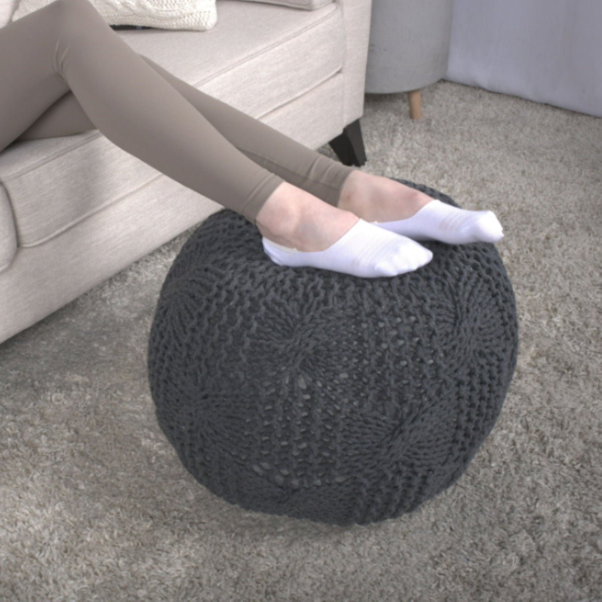 Knitted Round Pouf with Polystyrene Bead Fill - Beige or Dark Gray