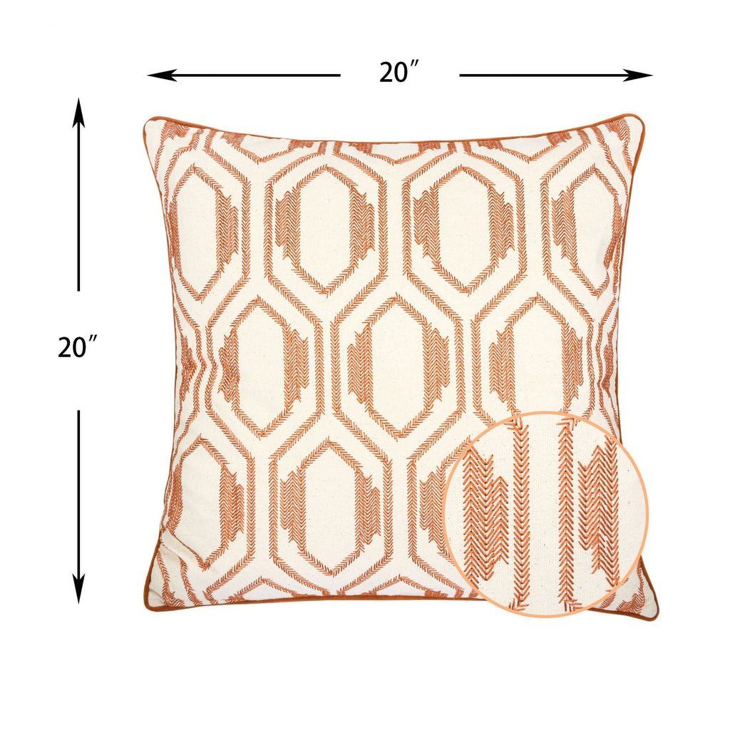 Geometric Embroidered Throw Pillow with Cotton Texture - Rust