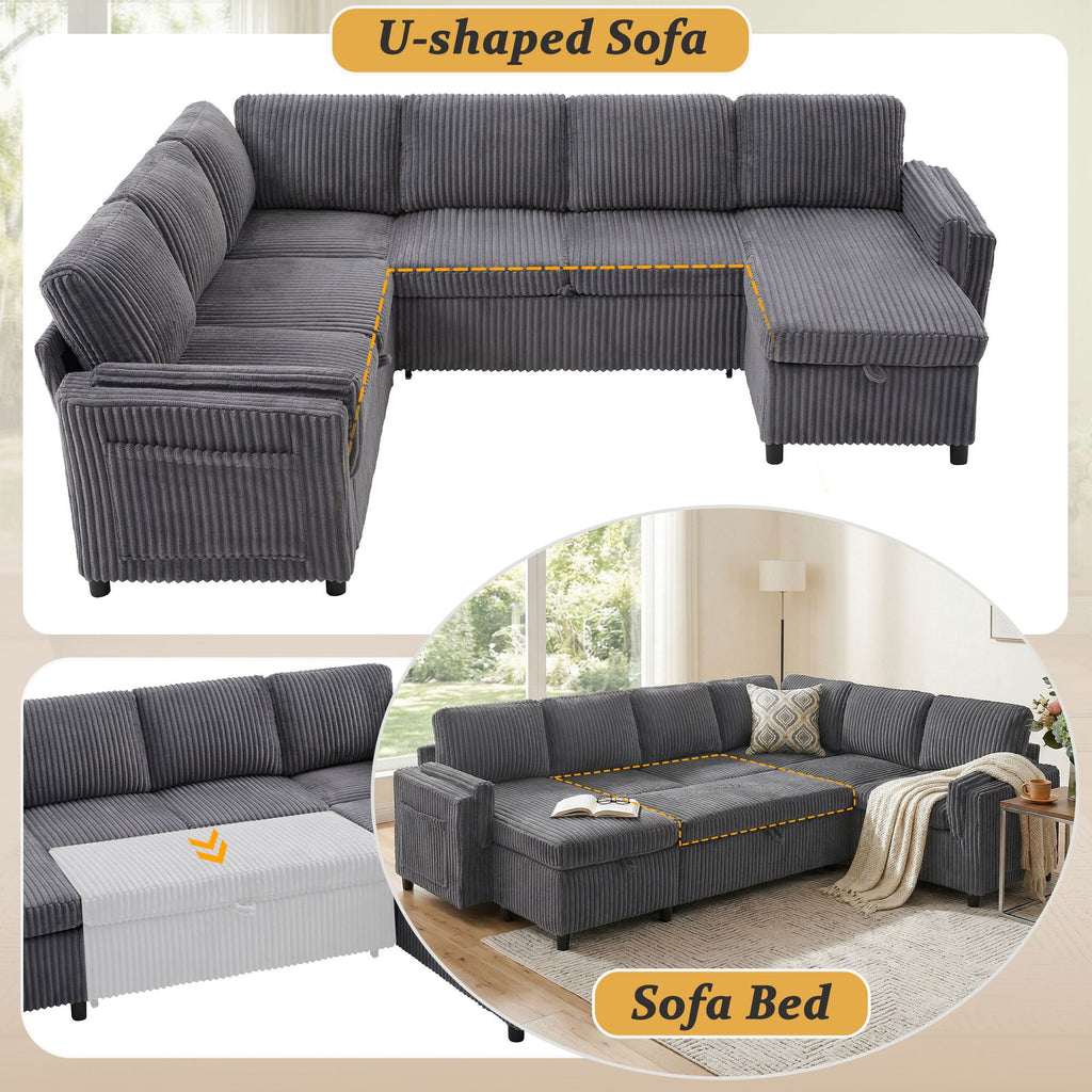 Convertible U-Shaped Sectional Sofa Bed with USB Ports and Storage – Black, Dark Gray, Blue