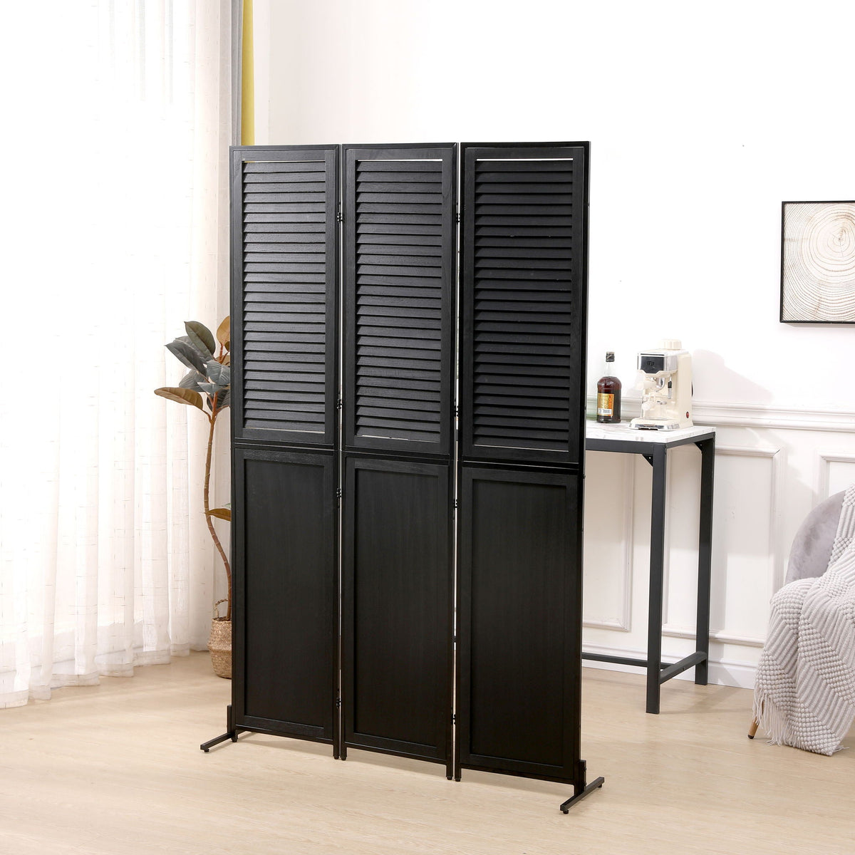 Rustic 3 Panel Room Divider with Metal Frame - Black or Light Brown