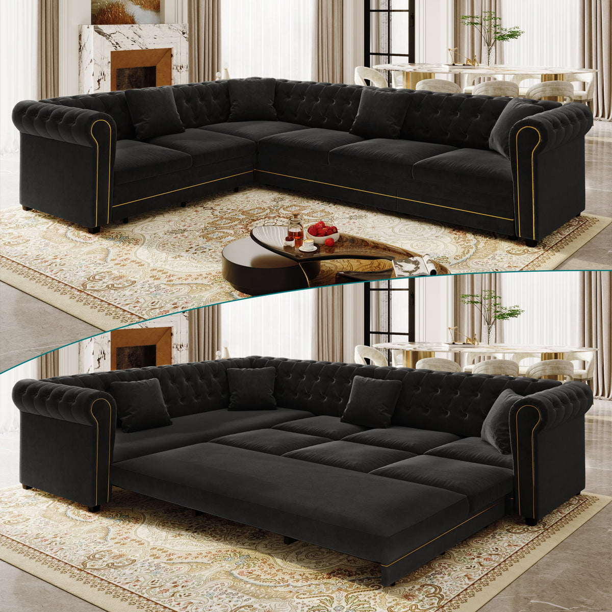 L-Shaped Sofa Couch with Pull-Out Bed - Black Velvet