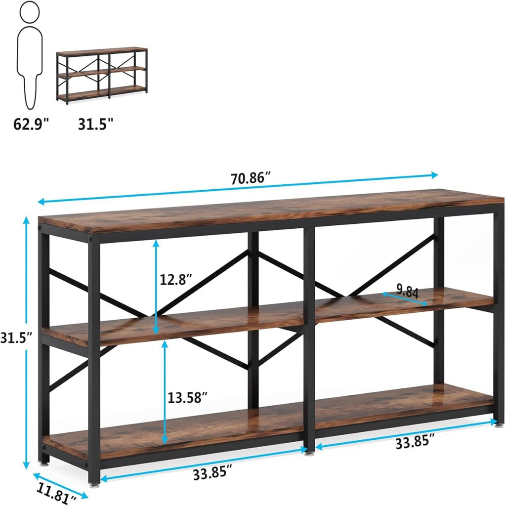 Extra Long Console Table with X Back Design and 3-Tier Storage - Dark Brown or Black