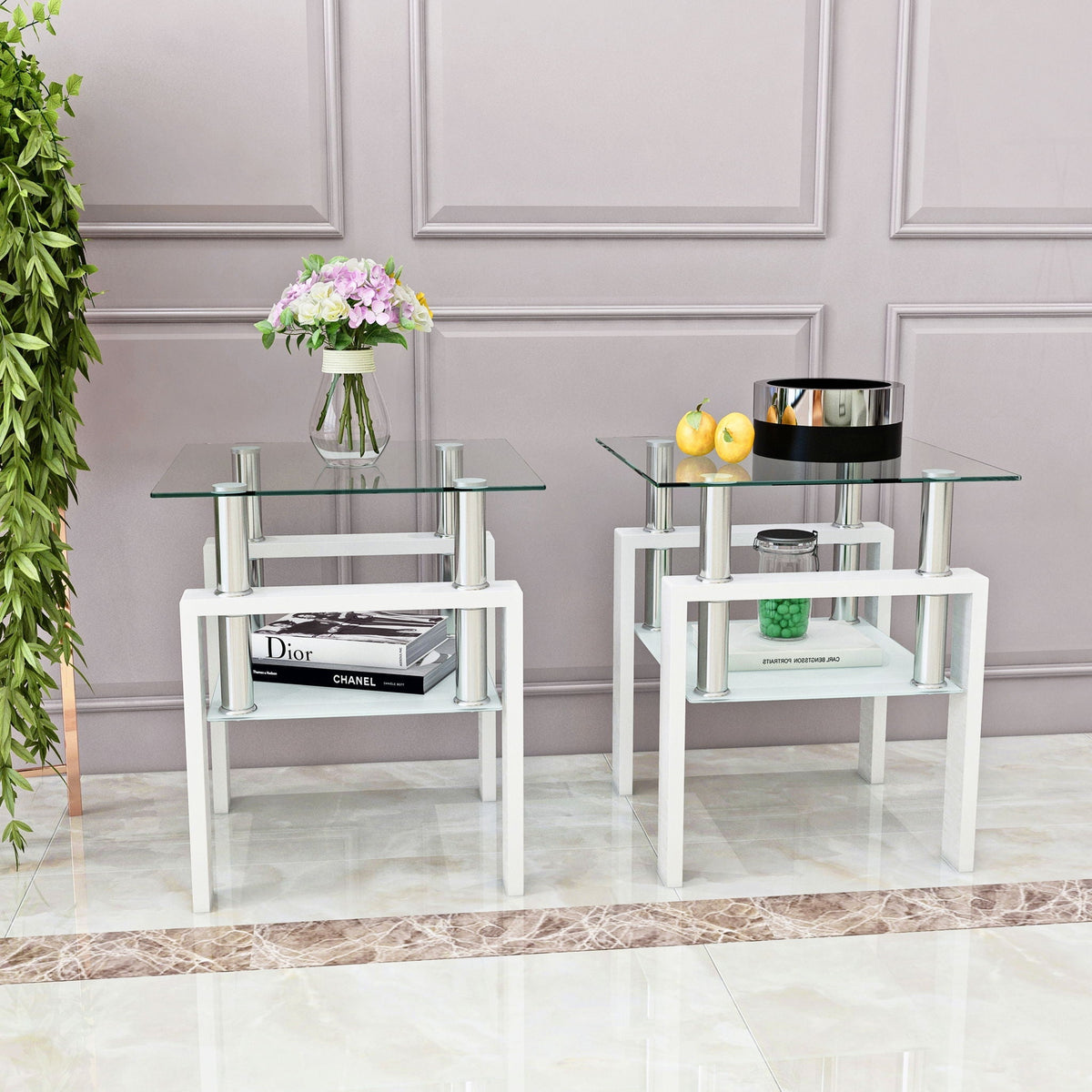 Modern Tempered Glass End Table with Metal Frame - Black or White