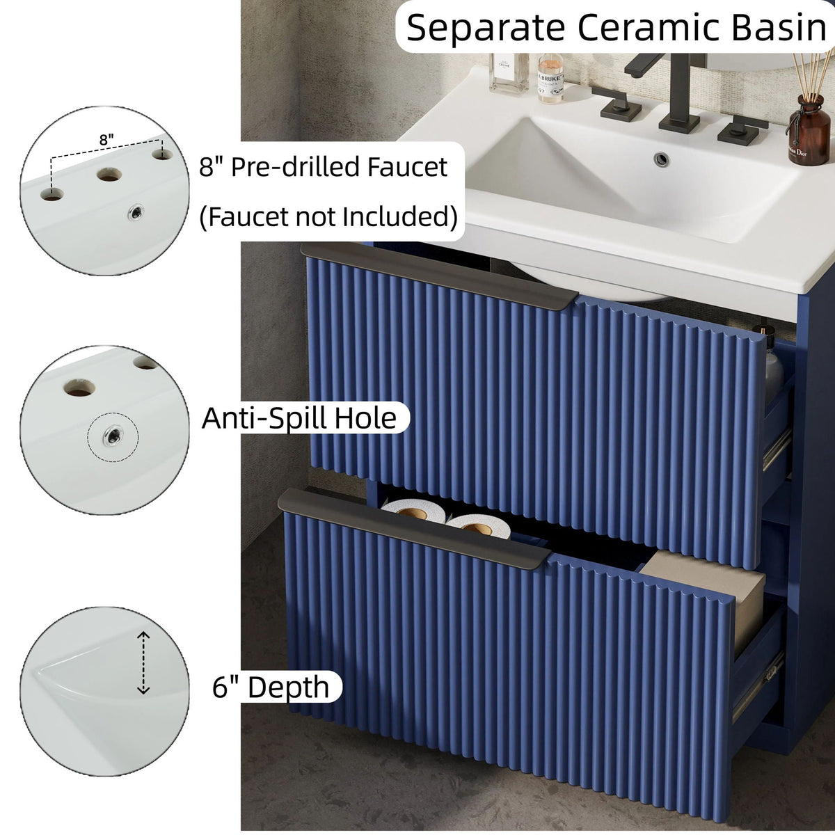 Fluted Bathroom Vanity with Ceramic Sink and Moisture-Proof Cabinet - 30" Wide