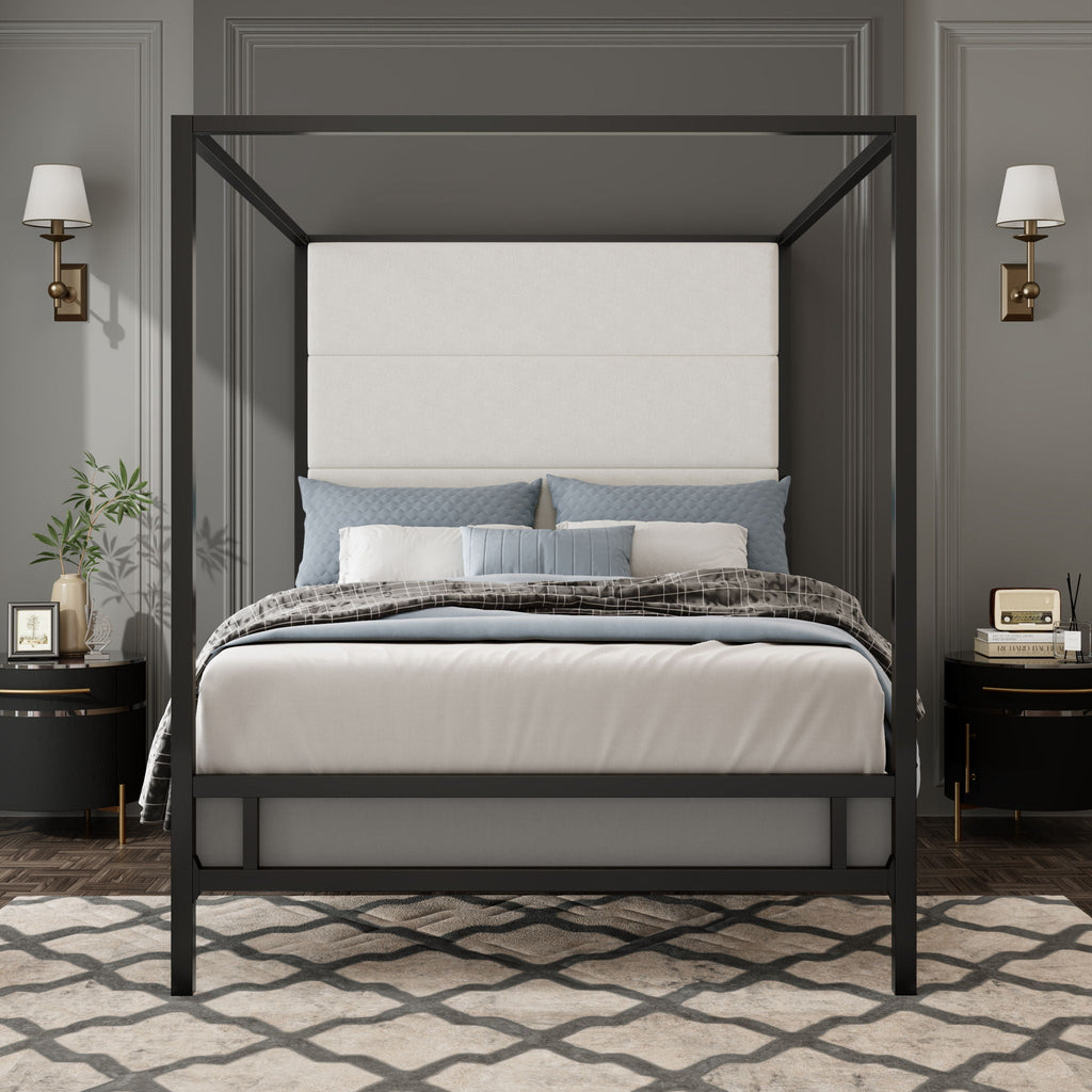 Canopy Bed With Tall Upholstered Headboard - 4 Poster Frame - Gold or Black