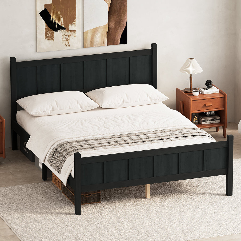 Queen Size Flat Panel Bed with Headboard & Footboard - Wood Finish