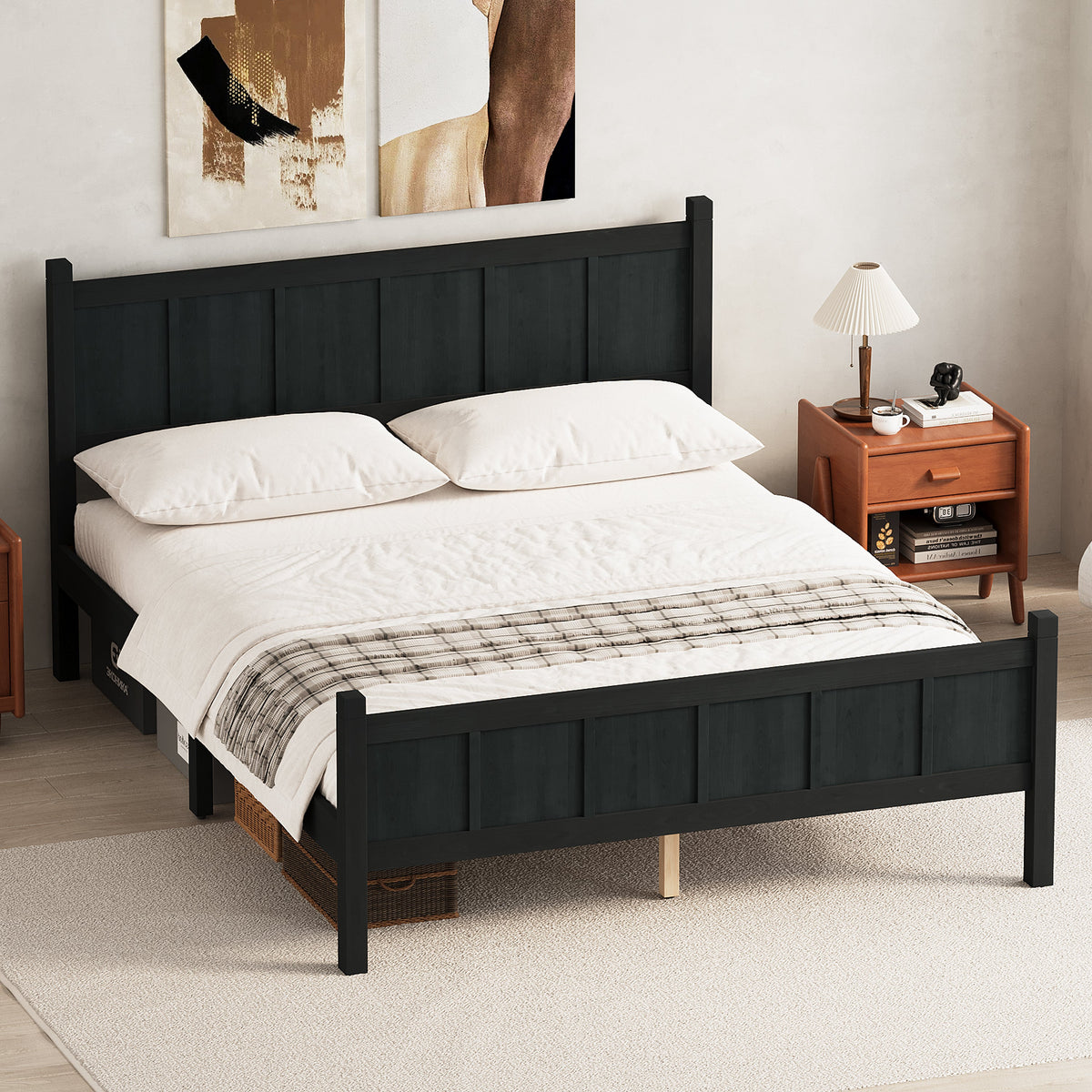 Queen Size Flat Panel Bed with Headboard & Footboard - Wood Finish