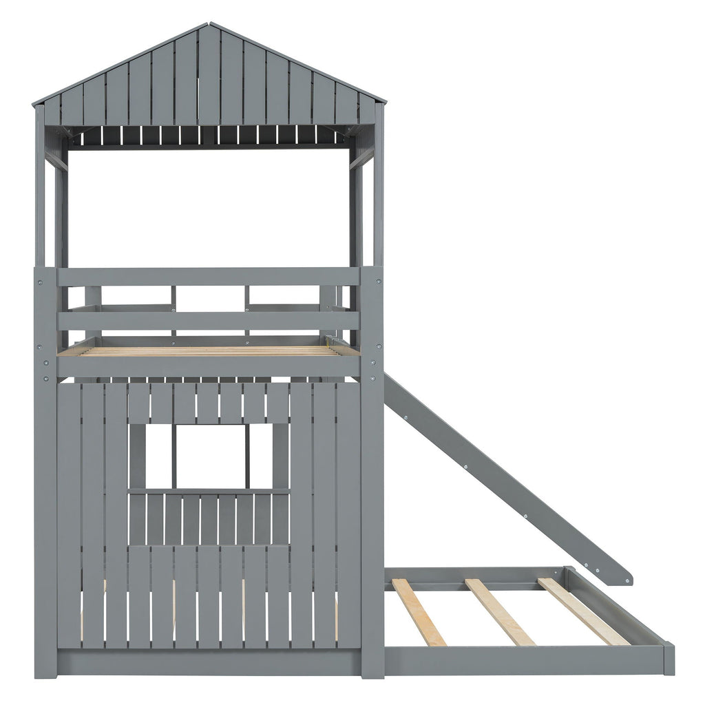 Loft Bunk Bed With Playhouse, Slide, and Guardrails - Twin Over Full