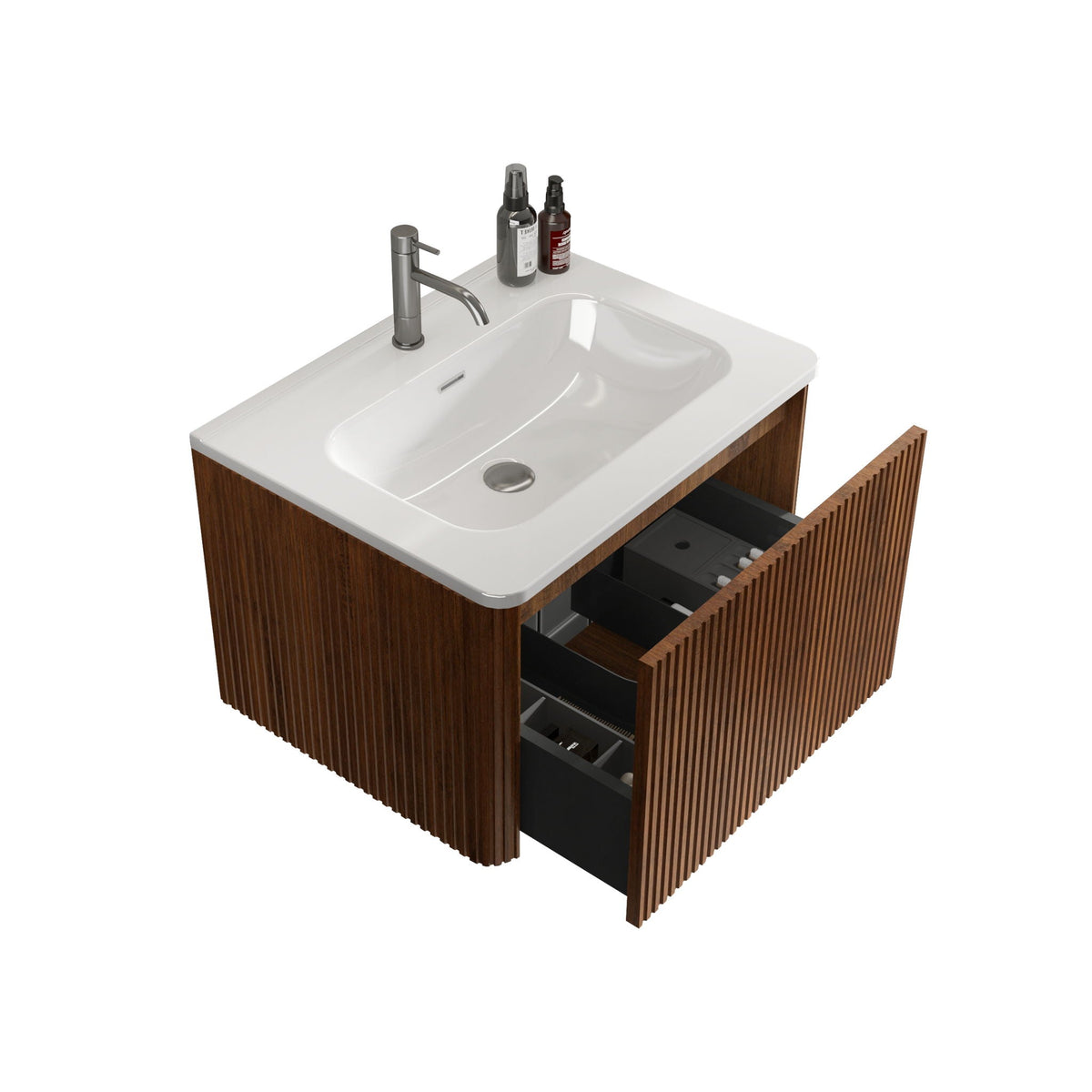Striped Bathroom Vanity with Ceramic Sink - Wall Mounted, Floating, Curved Safety Edges