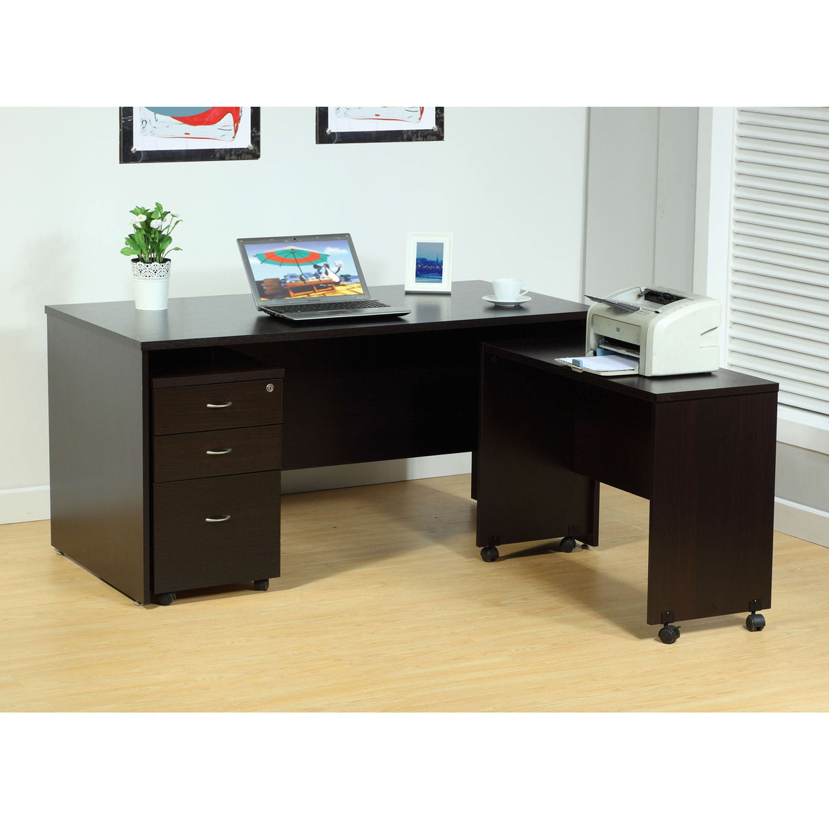 Wood Printer Mobile Stand Computer Desk with Locking Wheels - Dark Brown, Dark Gray, White