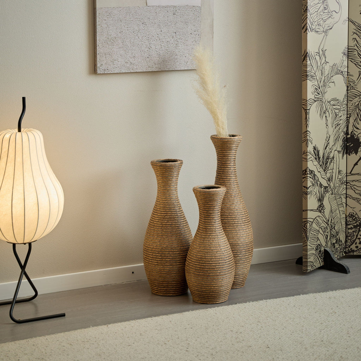 3 Piece Artificial Rattan Floor Vase Set with Modern Artistic Style - Beige