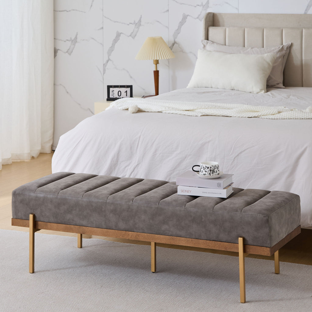 Luxury Upholstered Ottoman Bench with Channel Tufting and Metal Base - Gray