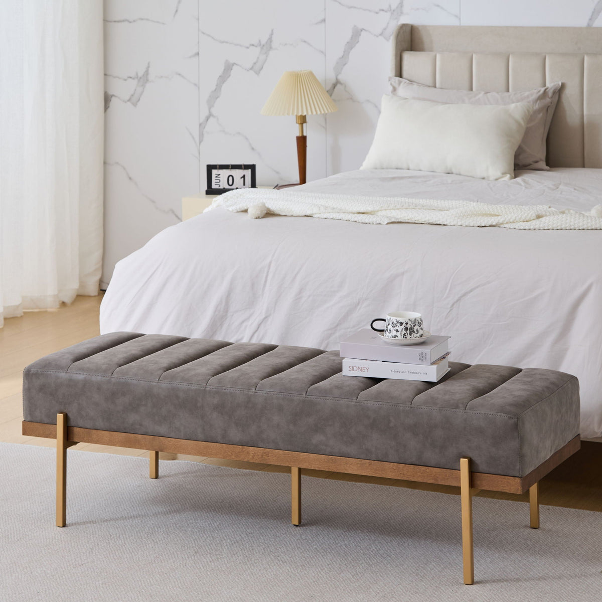 Luxury Upholstered Ottoman Bench with Channel Tufting and Metal Base - Gray